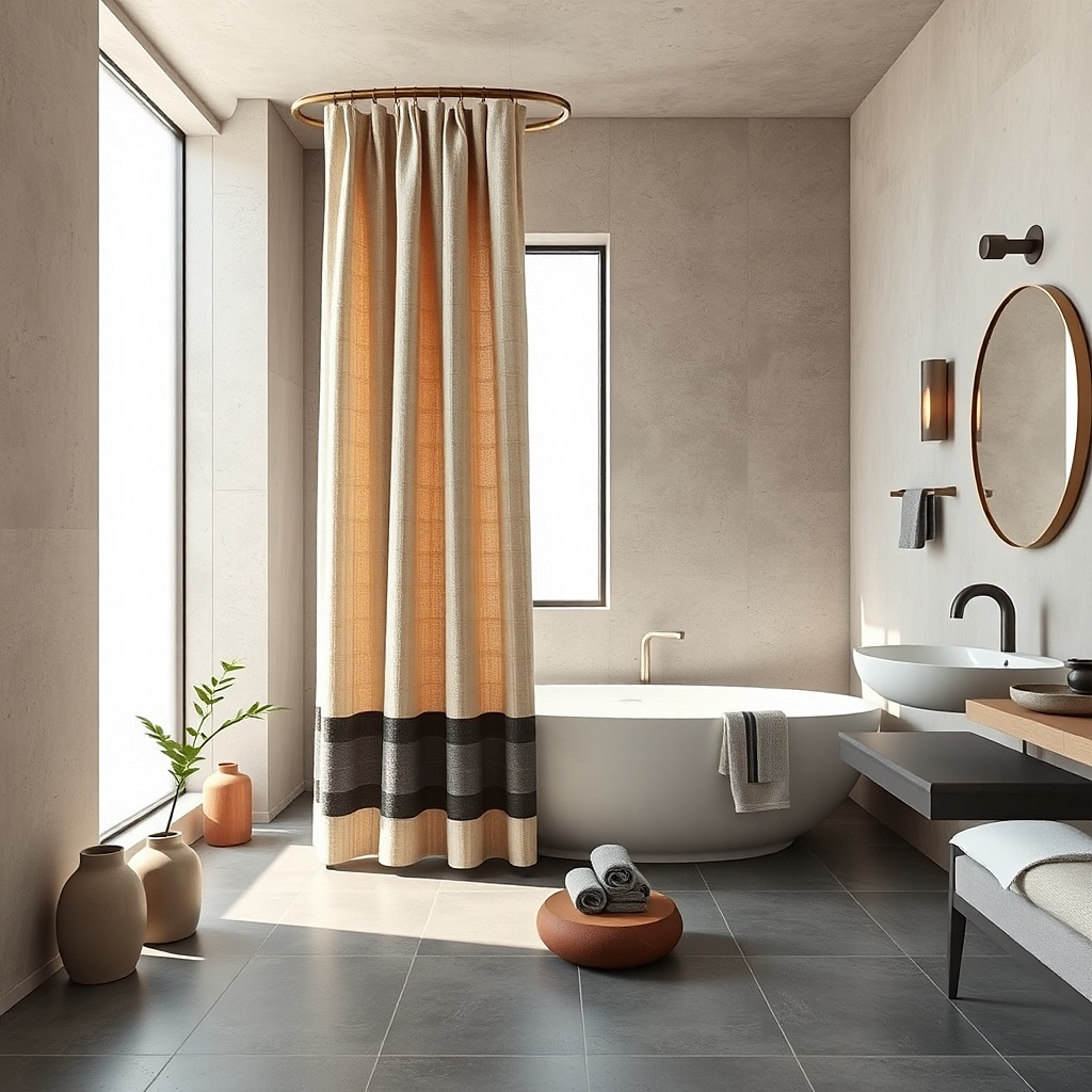 Greige shower curtain with subtle woven micro-texture and soft vertical folds