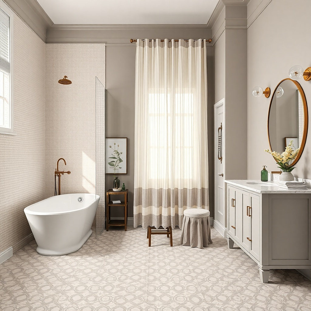Warm white shower curtain with subtle tone-on-tone micro stripes