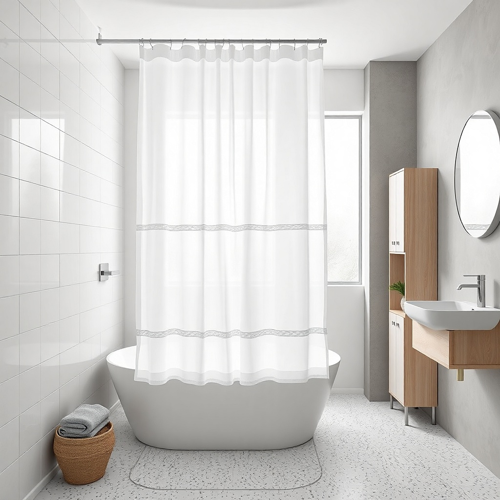 Two-layer shower curtain with a sheer mist top and solid lower panel