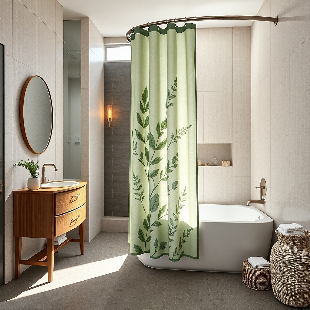 Matte sage shower curtain with a soft watercolor leaf pattern