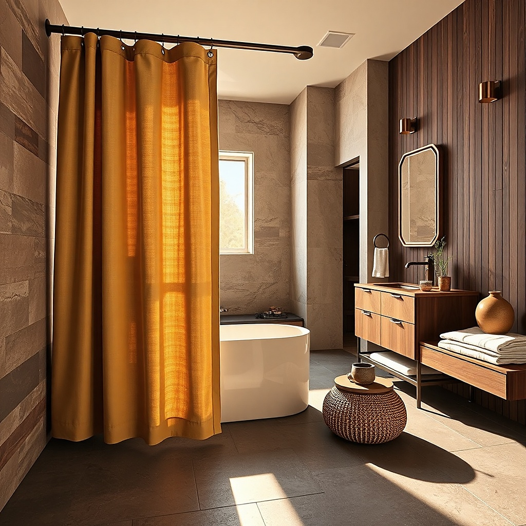 Sandstone shower curtain with visible chunky weave texture and matte finish