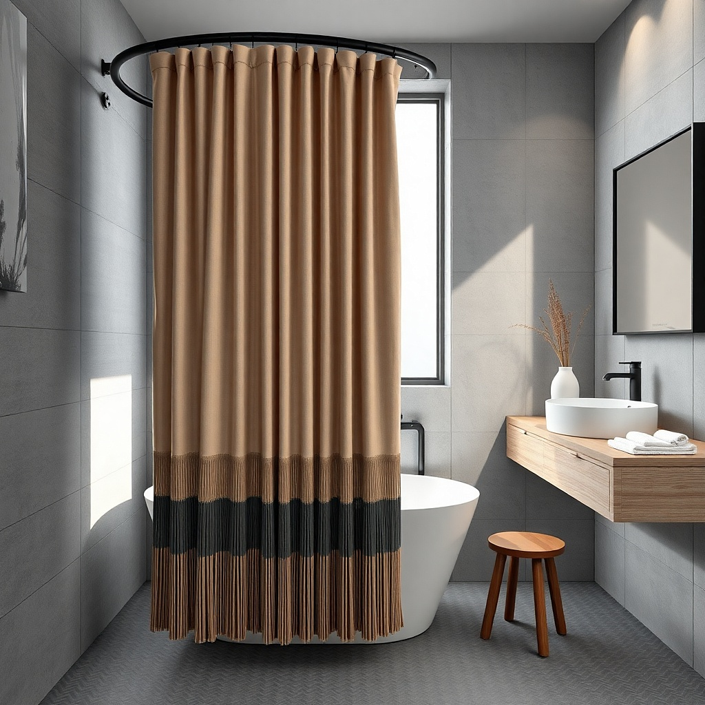 Soft taupe shower curtain with fringe trim only along the bottom edge
