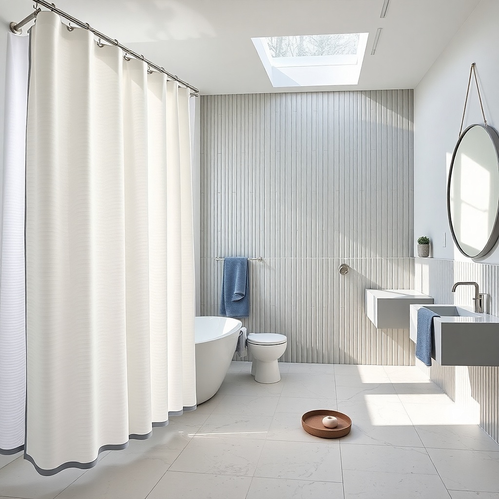 Cloud white shower curtain with subtle ripple texture and soft wave-like surface