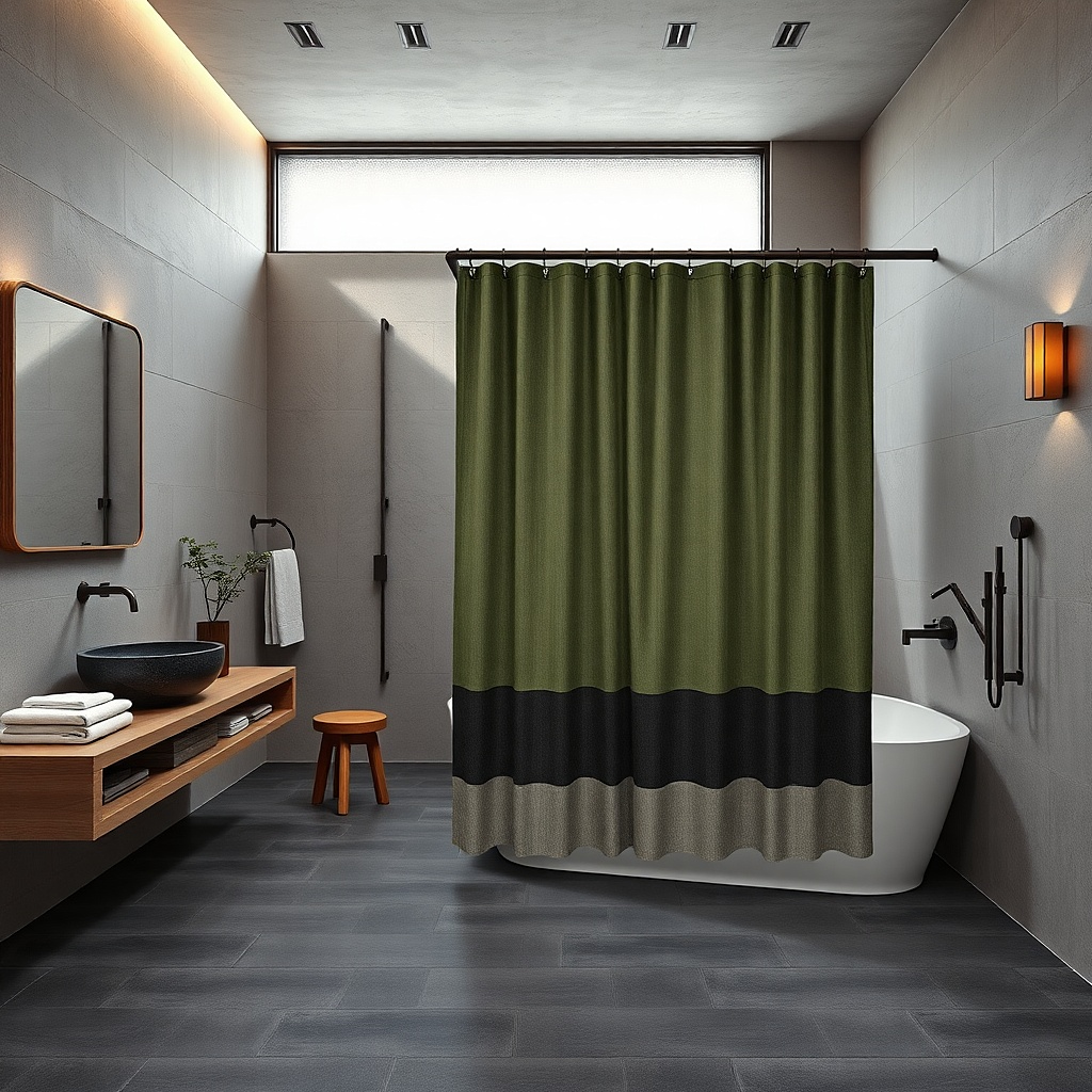 Bamboo-color shower curtain with vertical panel lines and matte finish