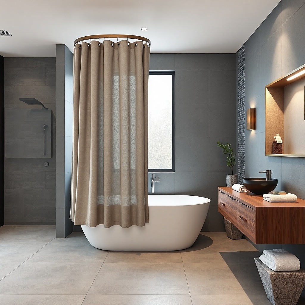 Stone gray shower curtain with low-contrast geometric pattern