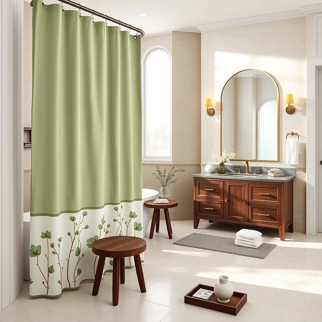 Eucalyptus green shower curtain with a faint watercolor border at the bottom