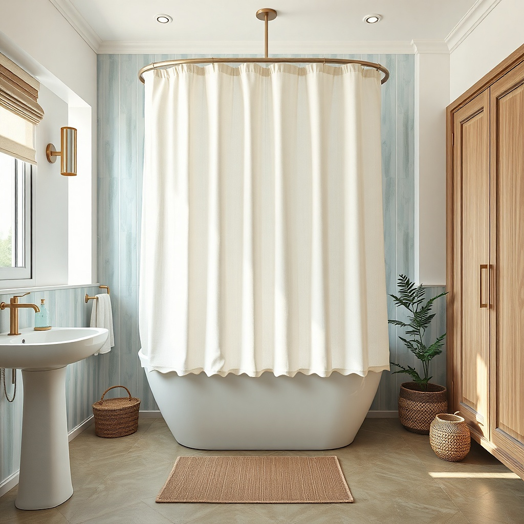 Soft white shower curtain hanging from a rounded rod creating gentle space