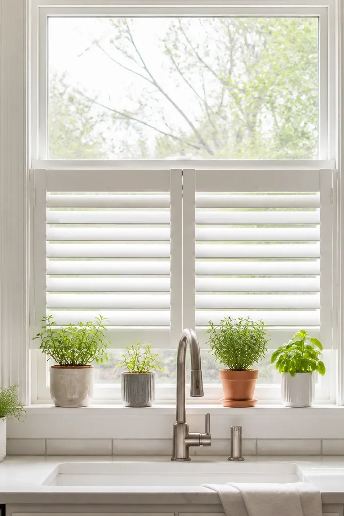 White café shutters with 2-inch louvers over a kitchen window
