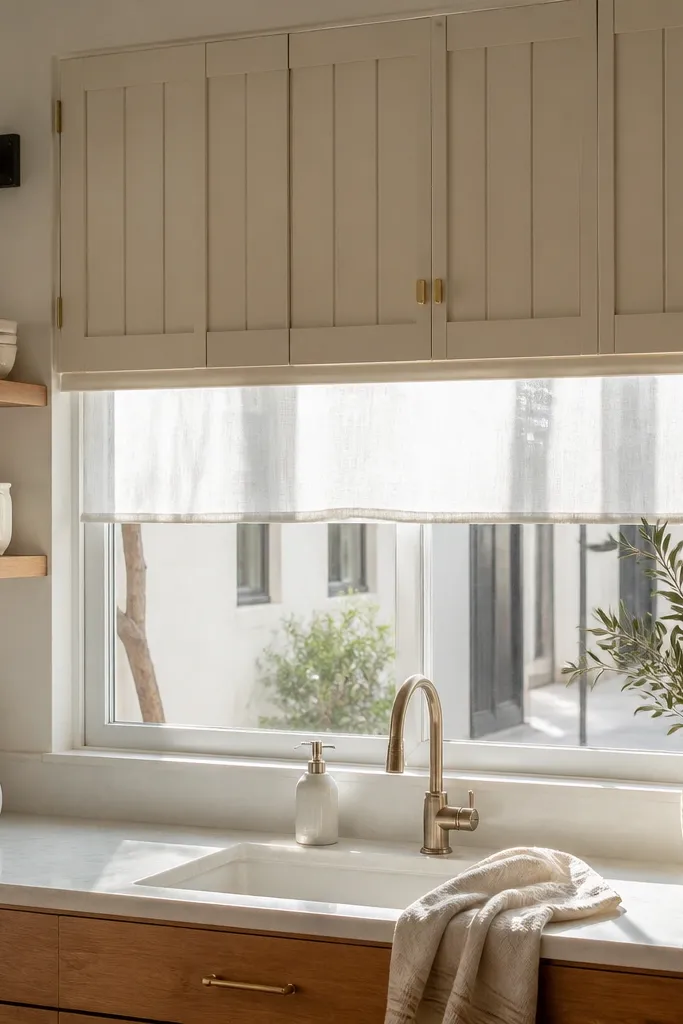 Soft off-white board-and-batten shutter panels on a kitchen window