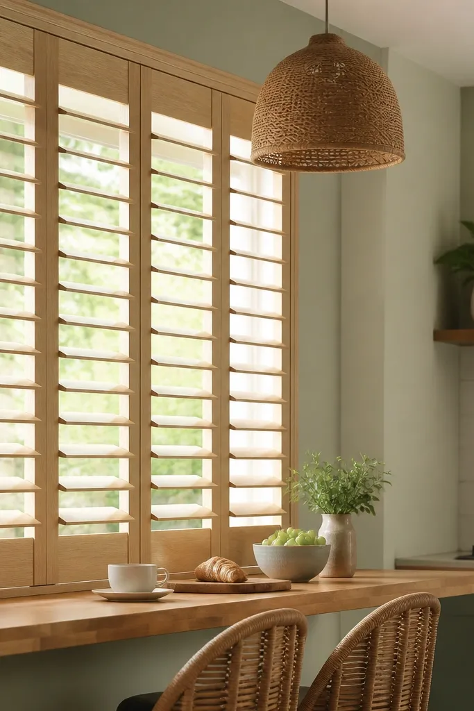 Light oak plantation shutters with louvers over a bright kitchen window