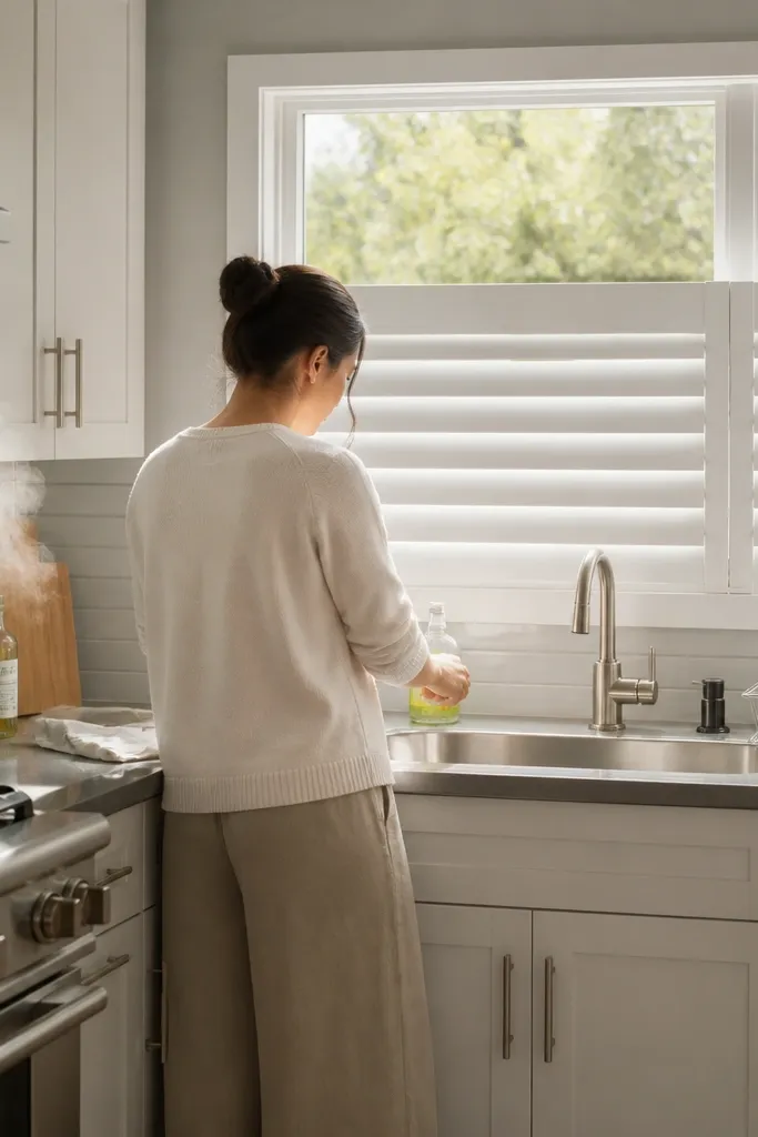 White vinyl shutters with narrow louvers on a kitchen window