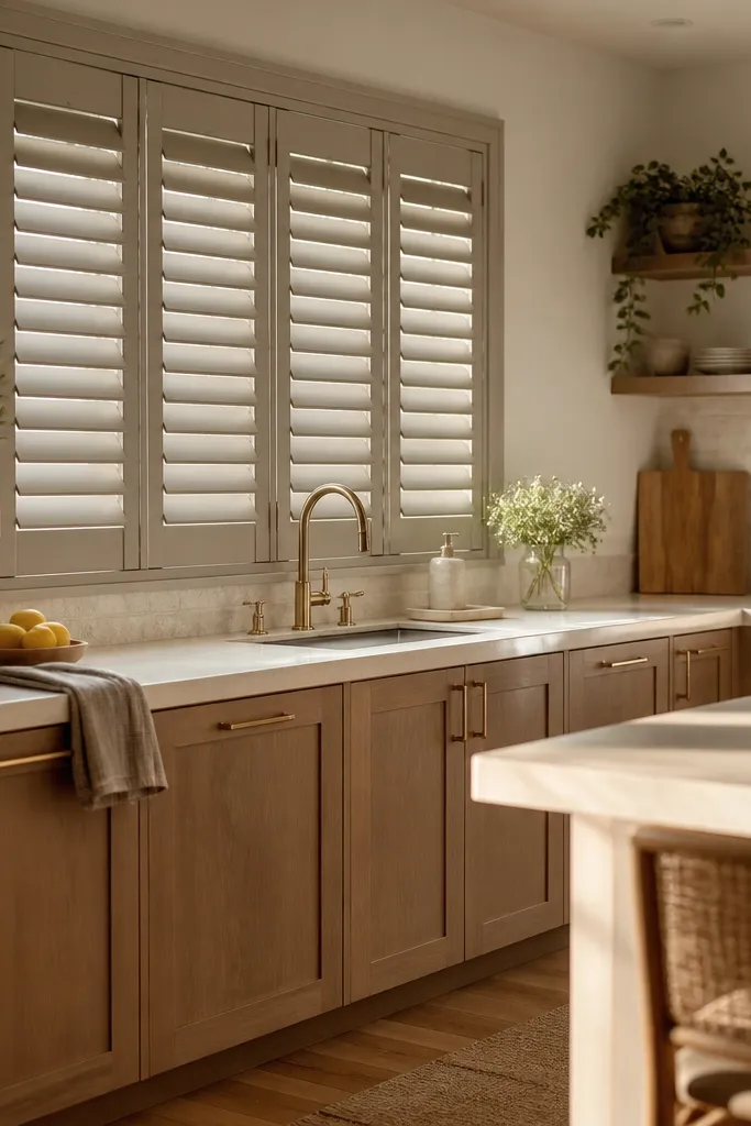 Greige painted shutters with 2.25-inch louvers on a kitchen window