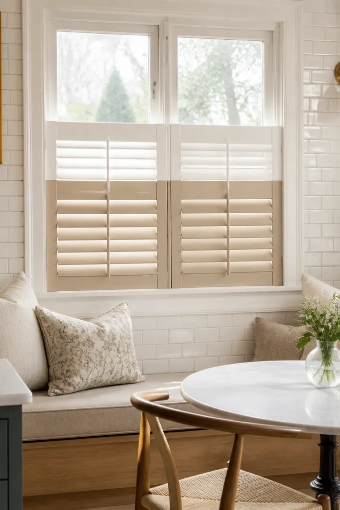 Two-tone shutters with white top panels and beige louvers on a kitchen window