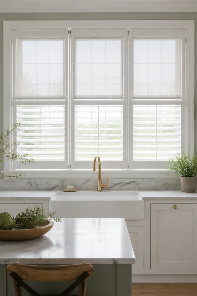 Matte white shutters with linen-look panels on the upper window half