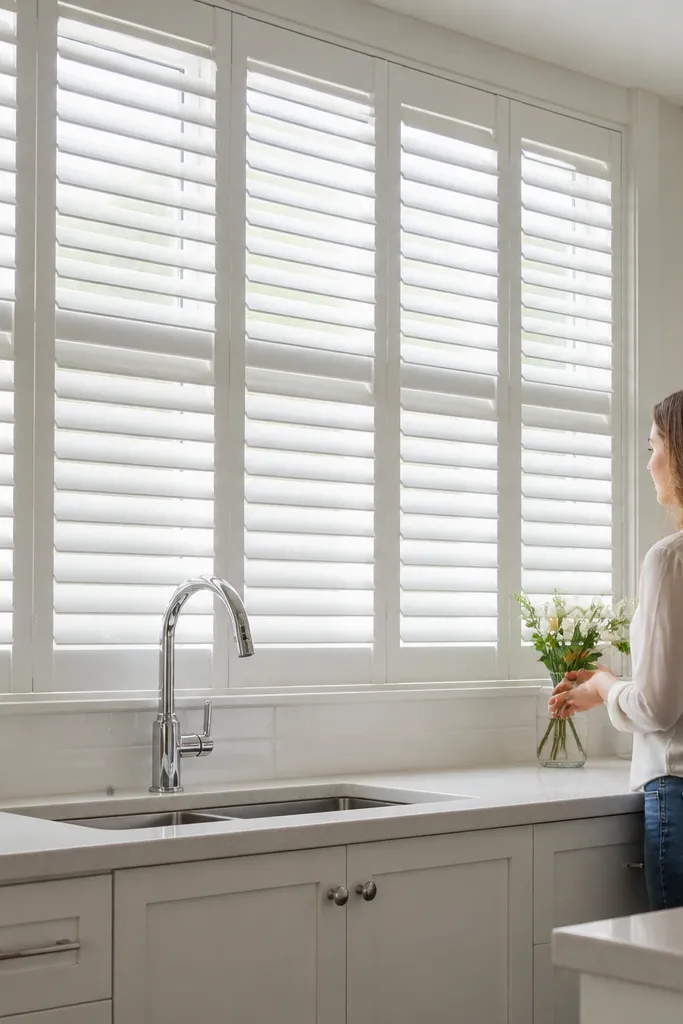 Bright white full-height shutters with 3-inch louvers