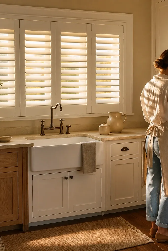 Warm white shutters with raised-panel detail and 2-inch adjustable louvers