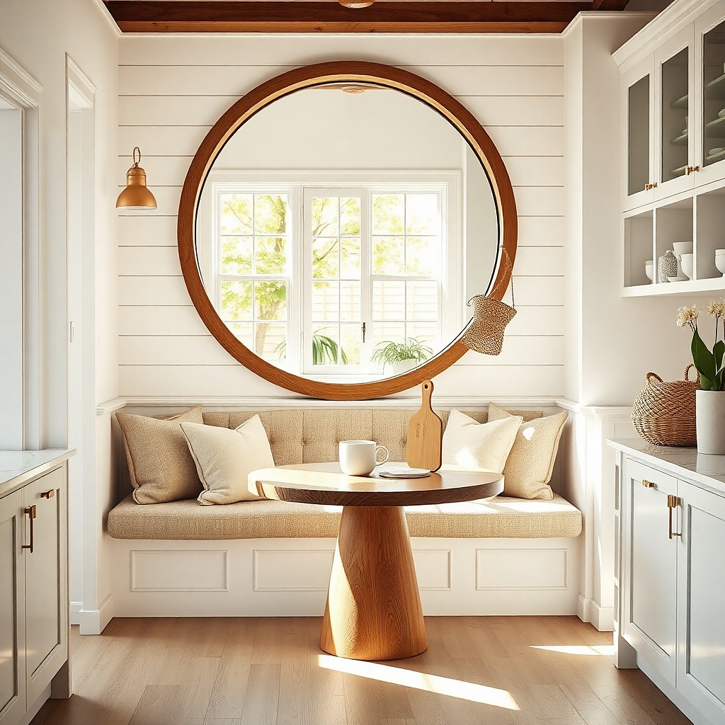 Round mirror with a light wood frame on a wall behind a breakfast nook table