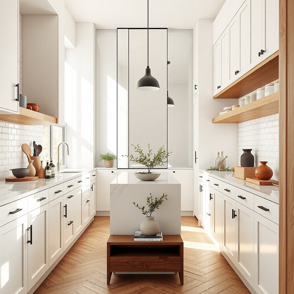 Tall narrow mirror with a silver frame on a galley kitchen wall