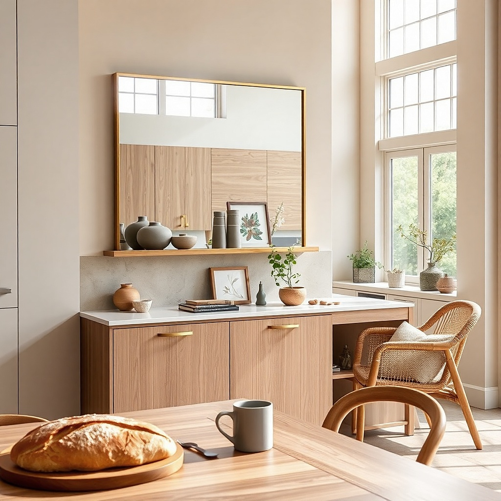 Rectangular mirror above a thin floating ledge with small decor items
