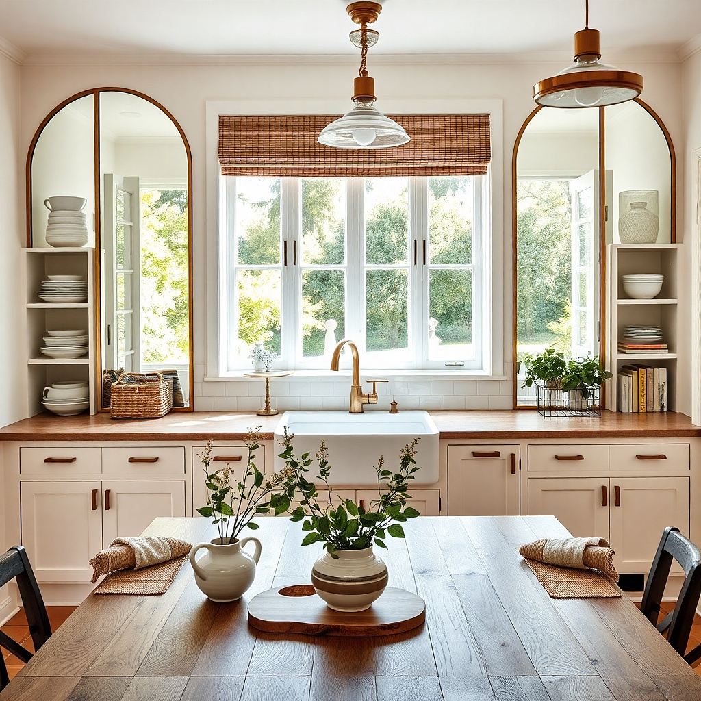 Two small round mirrors with matching frames flanking a kitchen window