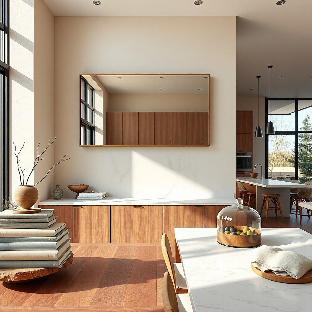 Beveled rectangular mirror with a thin gold frame on a kitchen wall