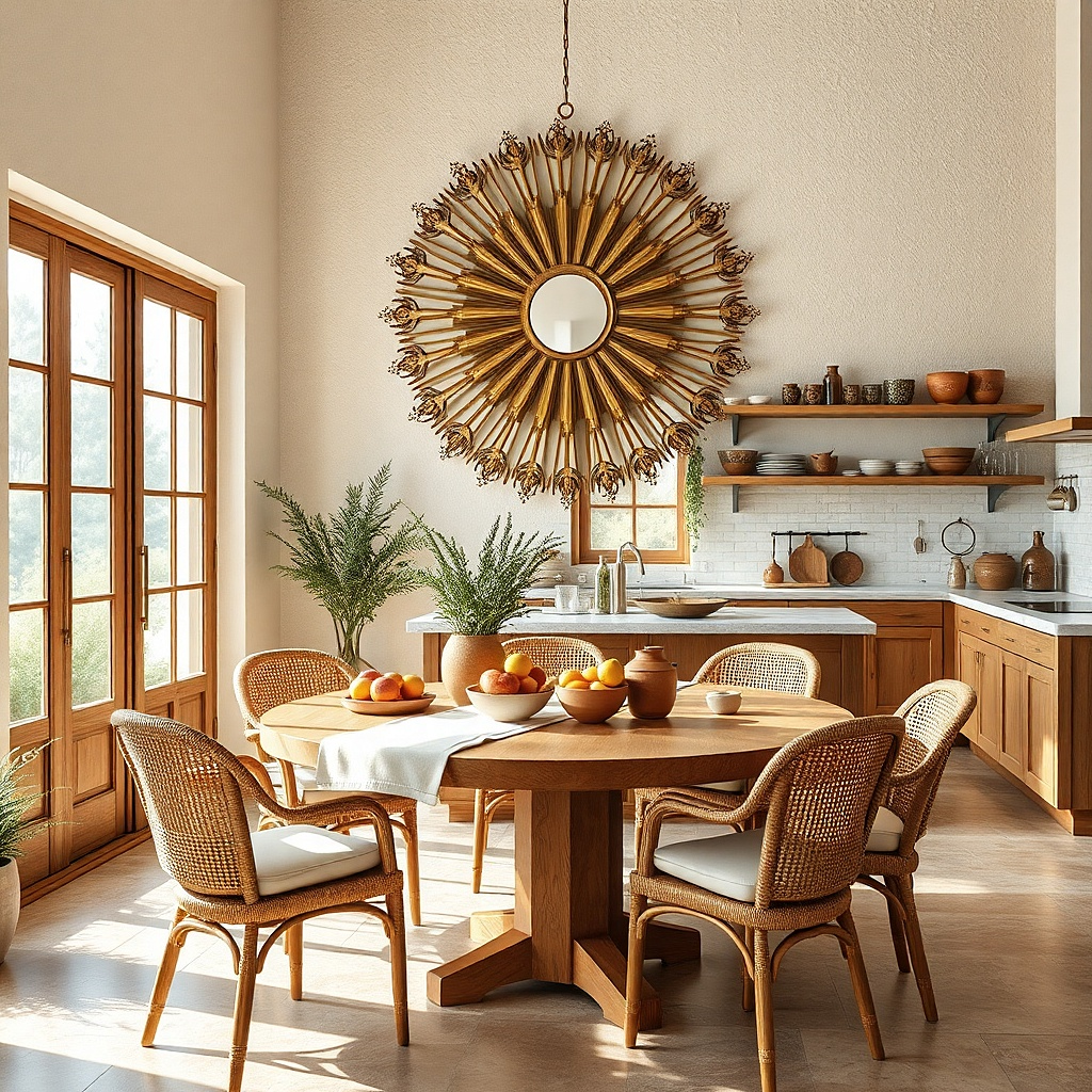 Round sunburst mirror with a brass tone behind a round dining table
