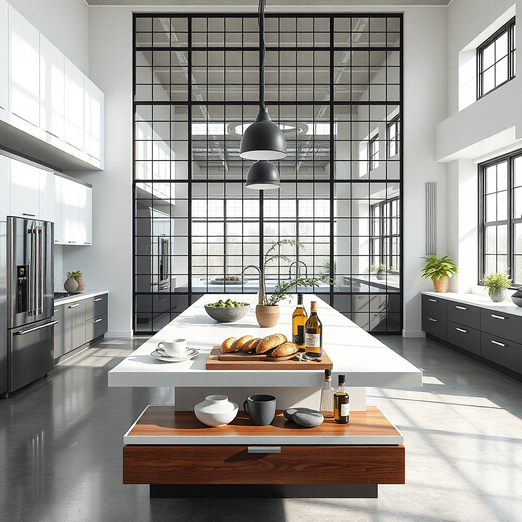 Square grid mirror panels arranged in a modern pattern on a kitchen wall