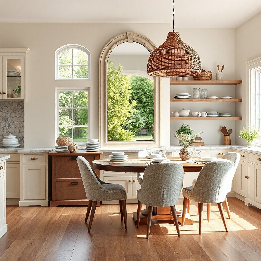 Arched mirror with a white frame on a kitchen dining wall