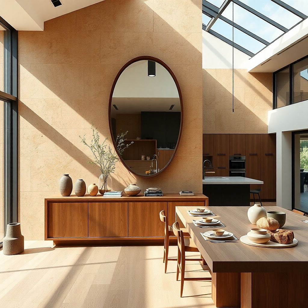 Large oval mirror with a dark frame on a long kitchen wall