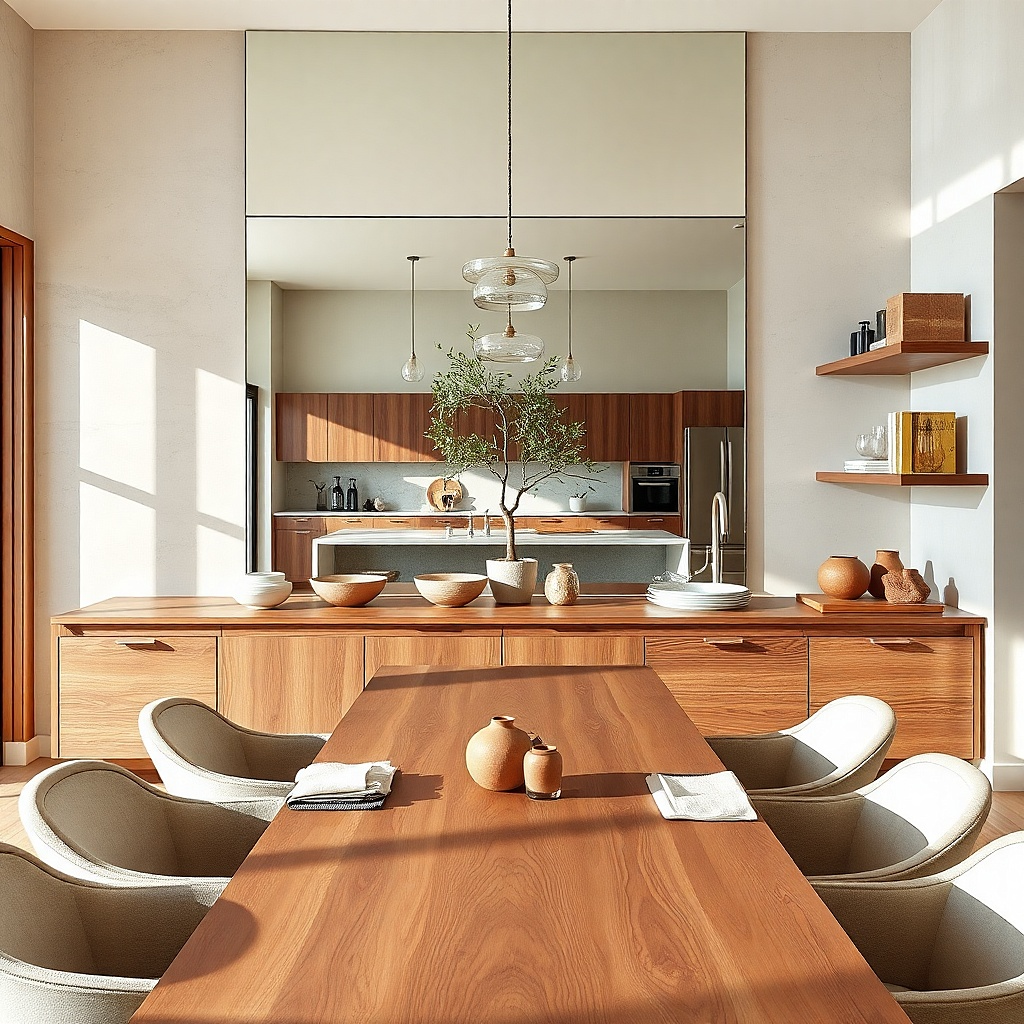 Large mirror panel on a kitchen wall behind dining seating