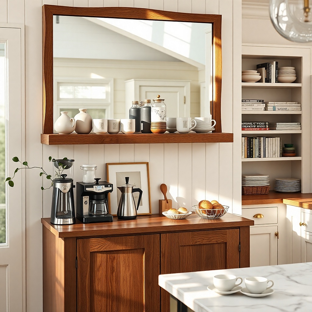 Mirror framed with a small shelf holding coffee jars and mugs