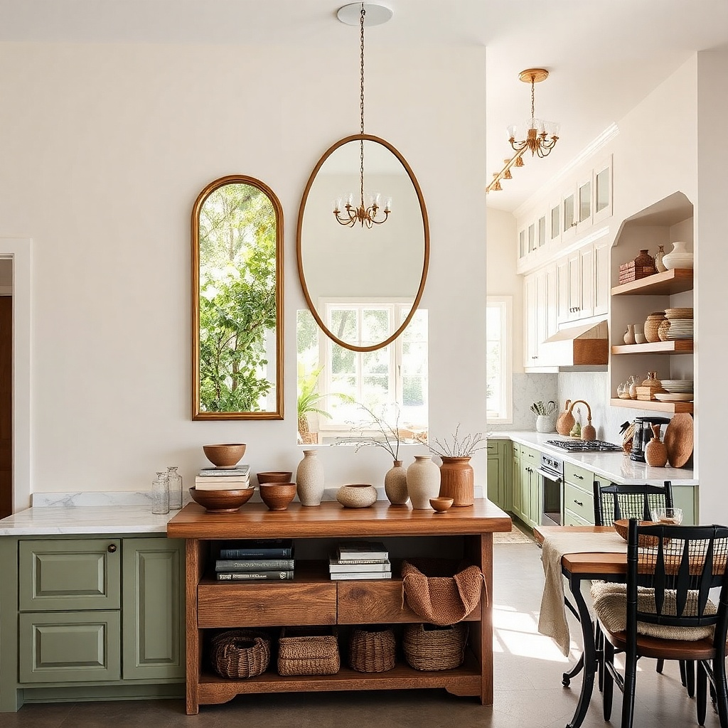 Three staggered mirror frames in mixed sizes on a kitchen wall