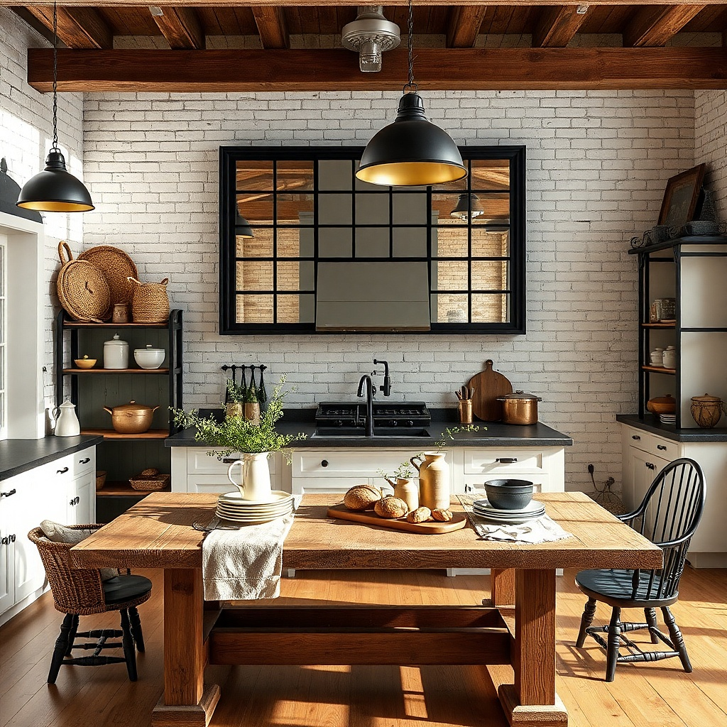 Black metal framed mirror above a farmhouse-style dining table