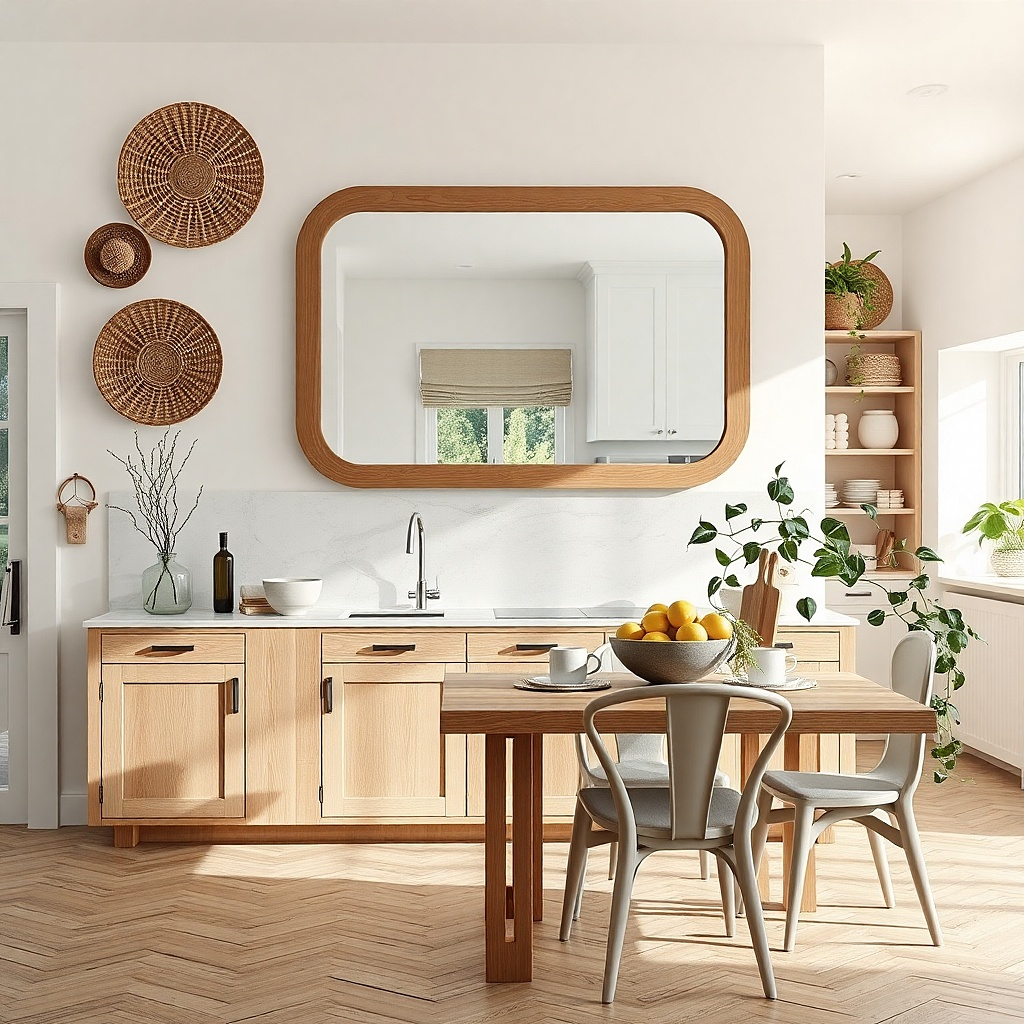 Light wood framed mirror with woven decor on a kitchen wall