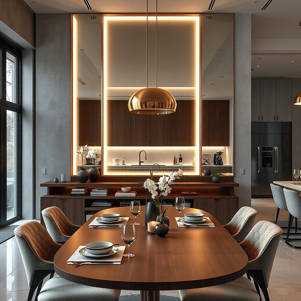 Backlit rectangular mirror above a dining console with soft glow