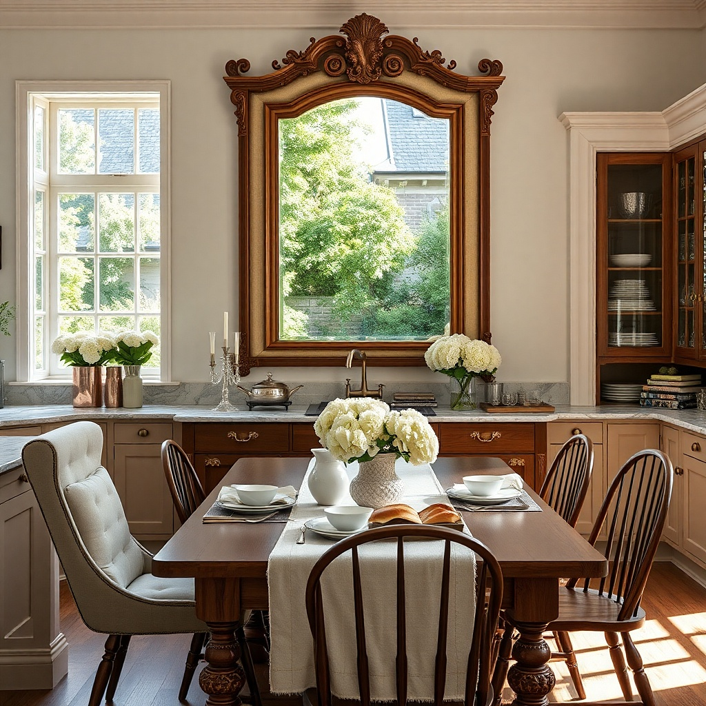 Cream framed mirror with carved molding above a kitchen buffet
