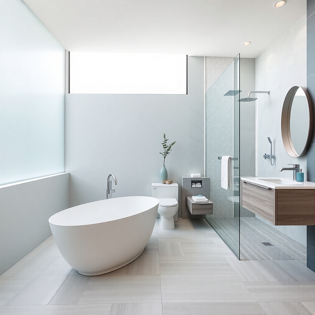 Light gray shower tile with clear glass panel and a frameless shower opening