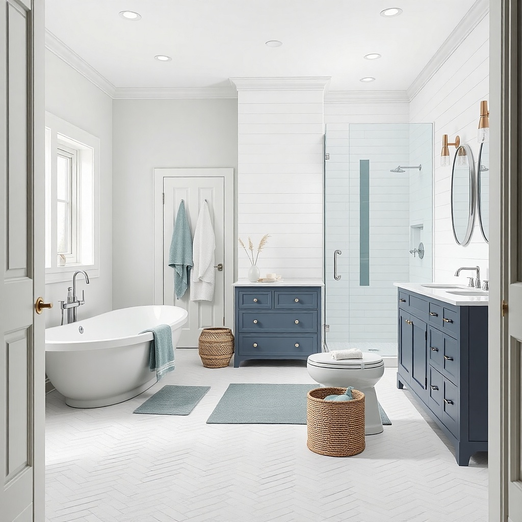 White horizontal wall tile with light grout lines behind a small vanity