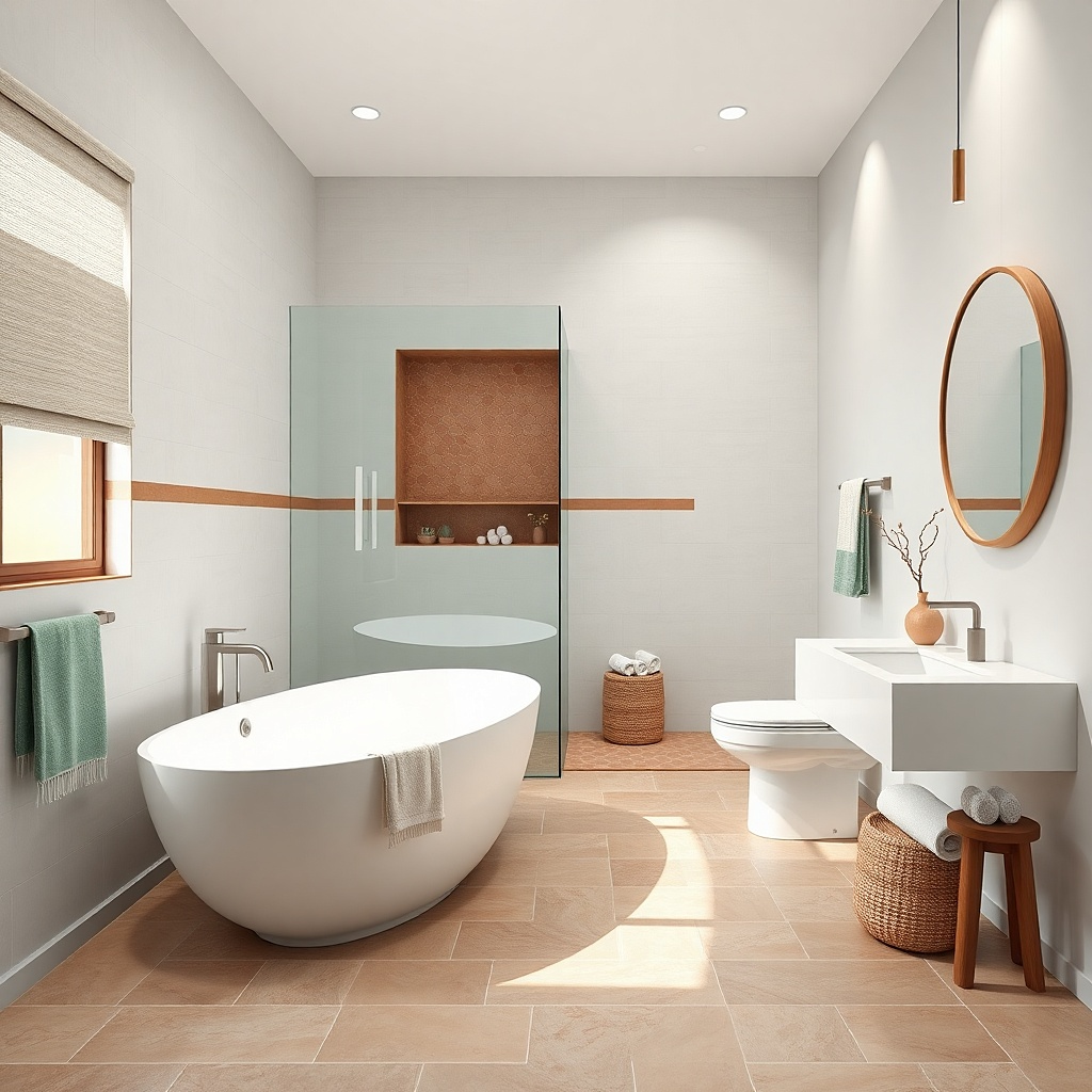 Sand-colored floor with a narrow hex tile band near the shower wall