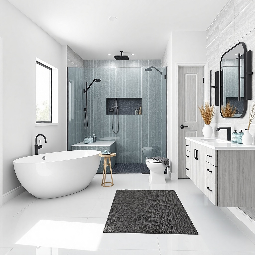 Soft blue glass subway tile in a small shower with a warm white vanity