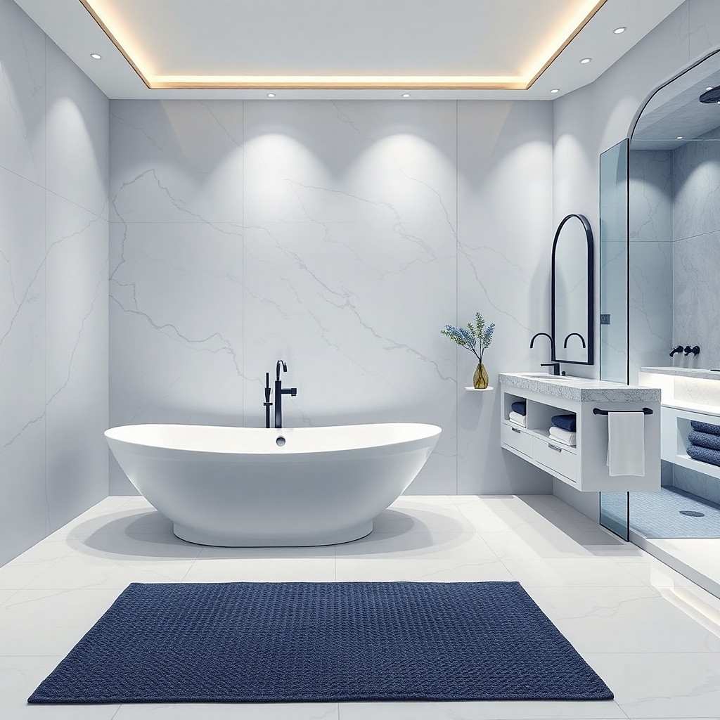 Large-format light tile wall behind a shower with minimal grout lines