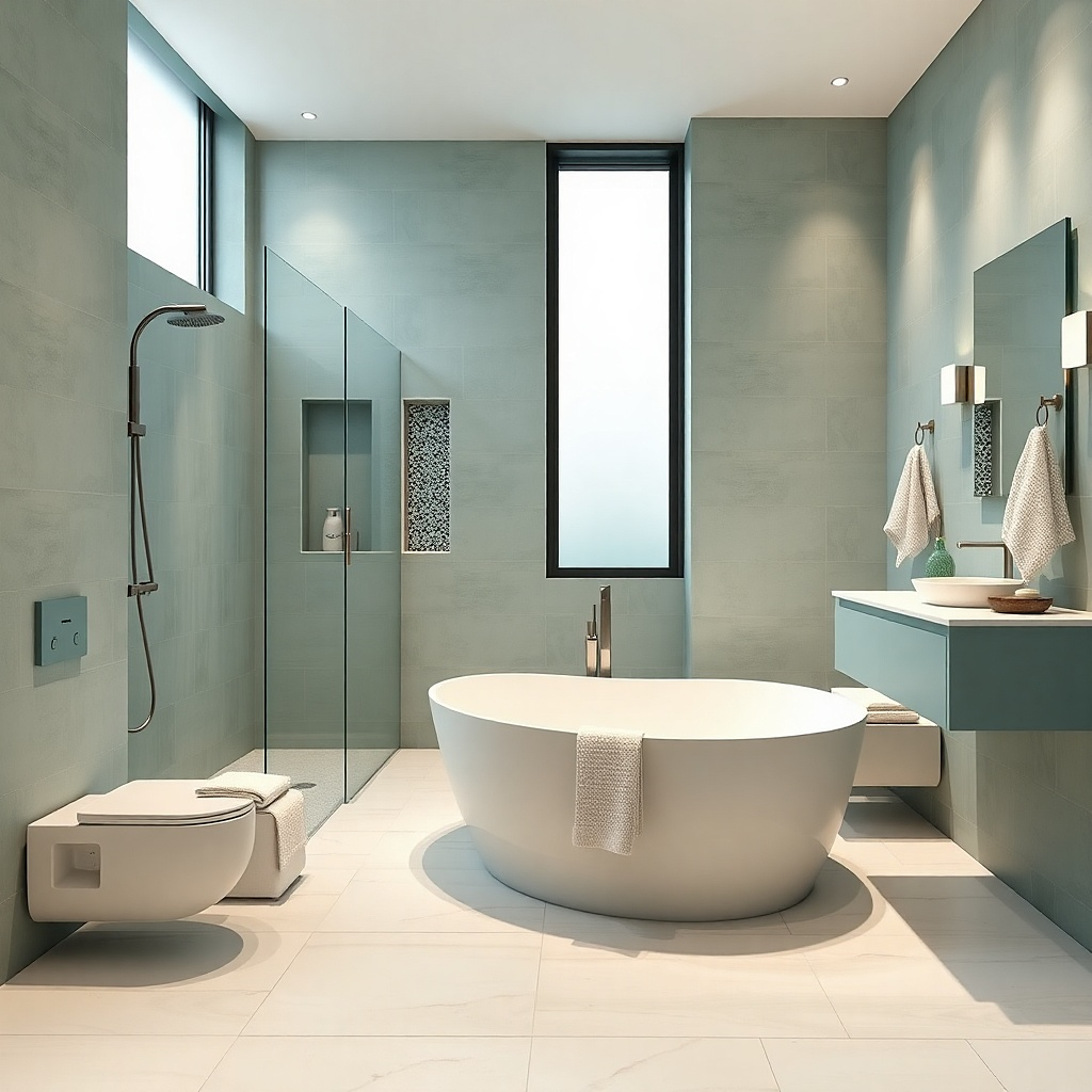 Matte stone-look shower wall with one built-in niche and frameless glass