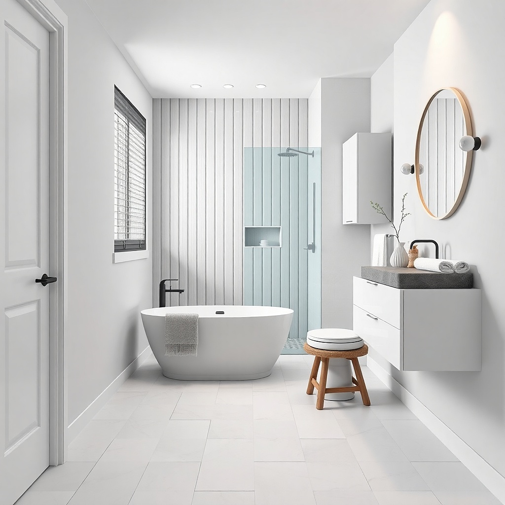 Round mirror above a narrow floating vanity with warm lighting