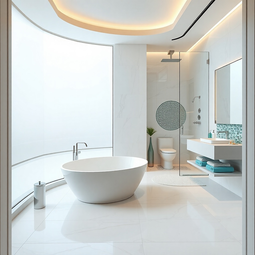 Oyster white shower and vanity wall with matte hardware in a small bathroom