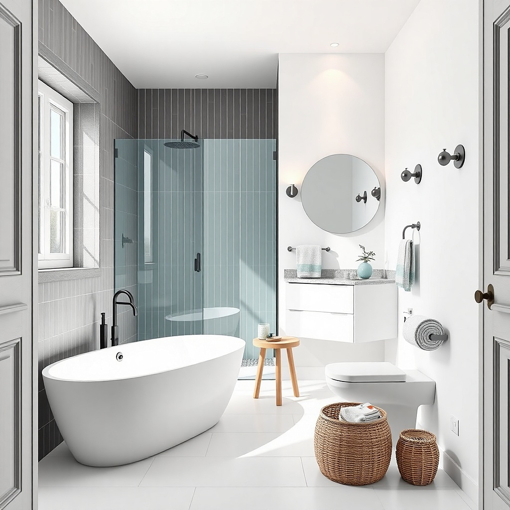 Converted shower area with low threshold and white surfaces in a small bathroom