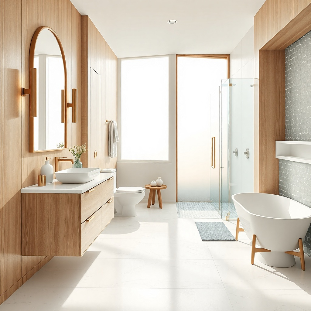 Light oak vanity with white countertop and brushed bronze hardware in a small bathroom