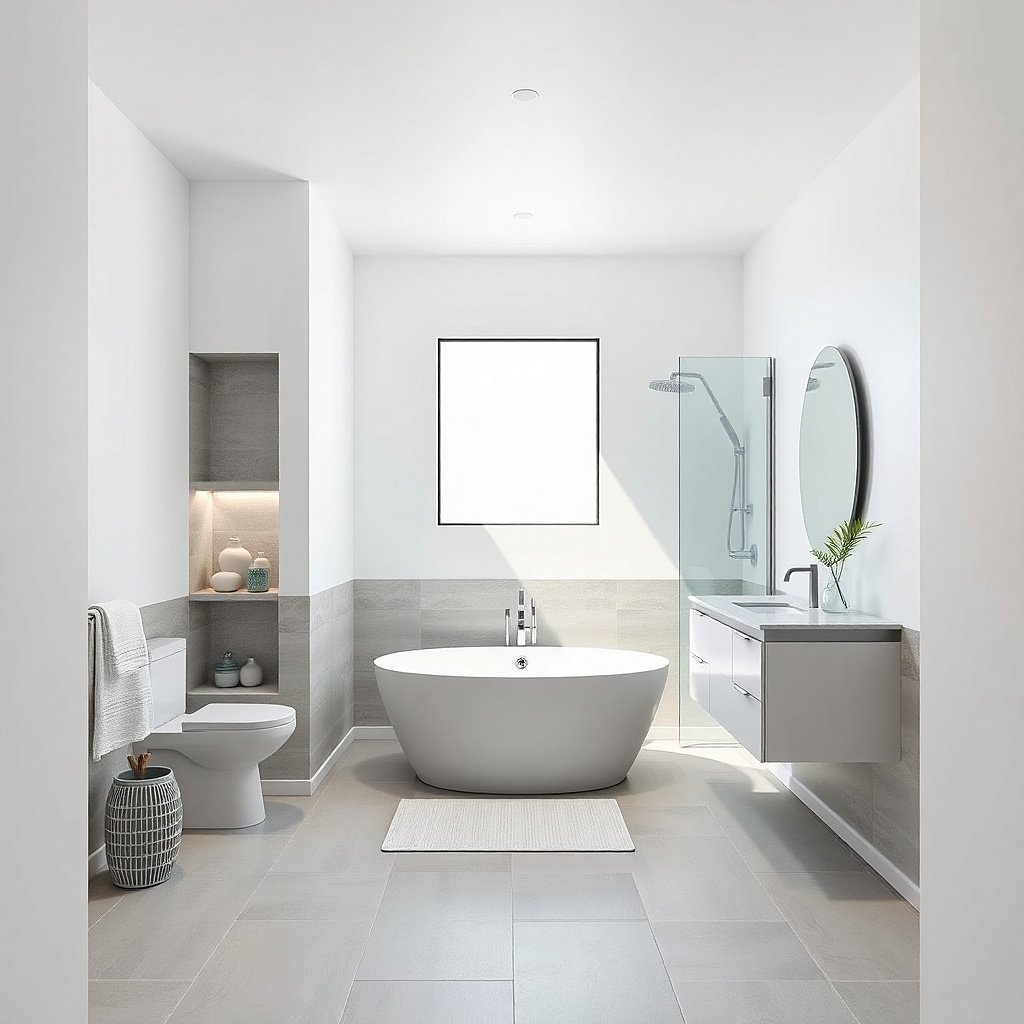 Soft gray walls with matte white ceiling and bright lighting in a bathroom