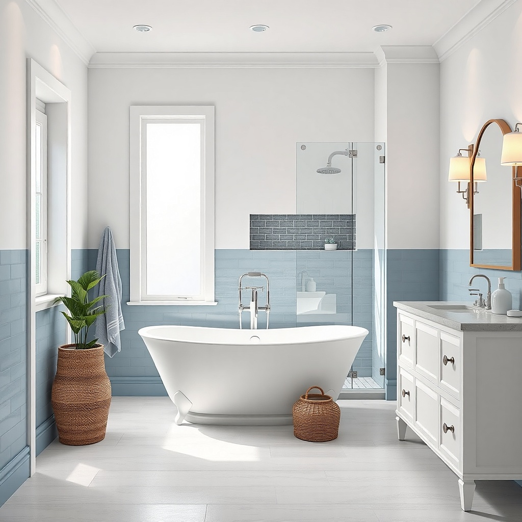 Half-height tiled shower wall with soft white paint above and frameless glass