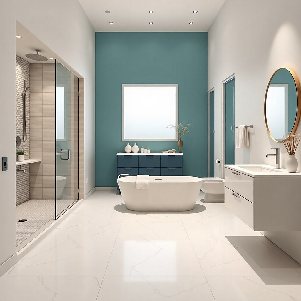 Warm white patterned floor with solid light tile walls and a frameless shower