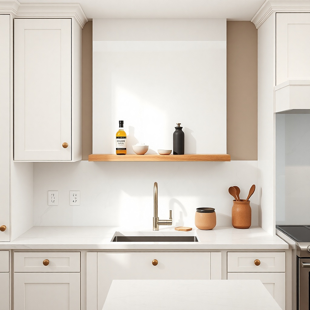 White kitchen with 18-inch cabinet gap and slim oak shelf over counter